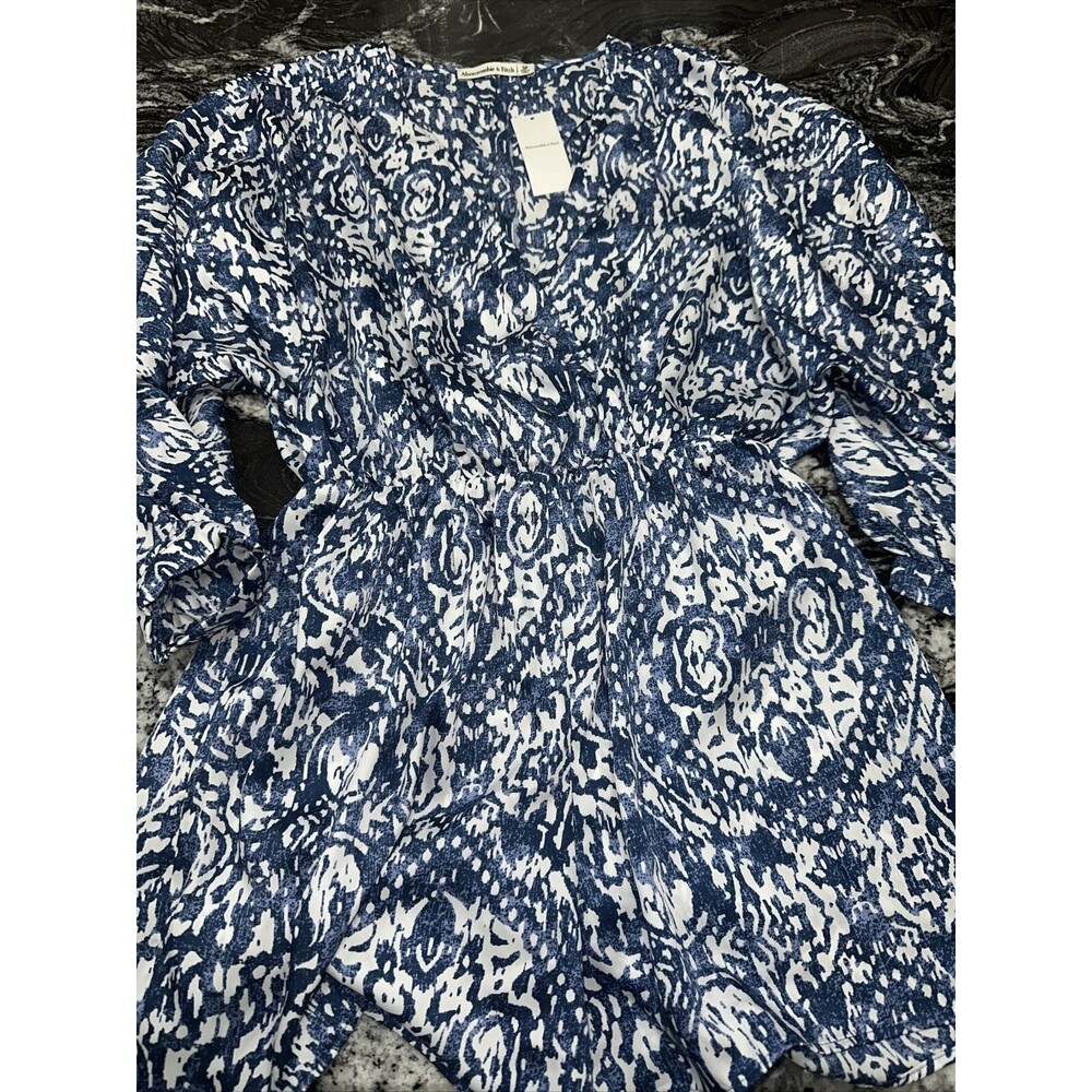 NWT Abercrombie & Fitch Long Sleeve Romper Blue White V Neck Peasant Sleeve SP